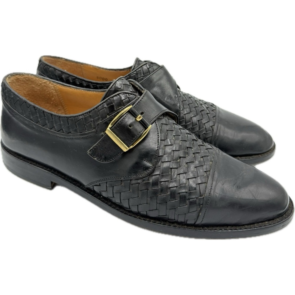 MEZLAN Vintage Men's Black Leather Woven Loafers Strap and Buckle Sz 7